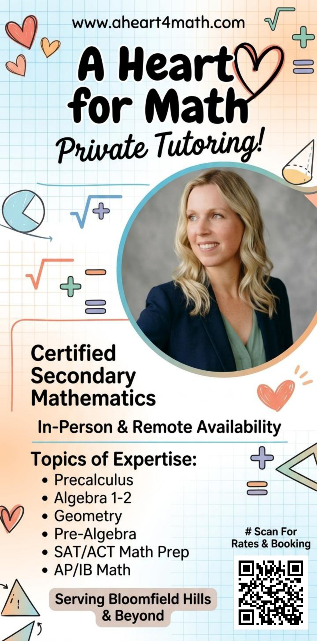 A Heart for Math tutoring flyer with service details, math topics, availability, and booking information